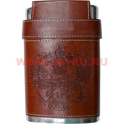Фляга в коже с гербом 9 дюймов с 3 стаканчиками - фото 99193